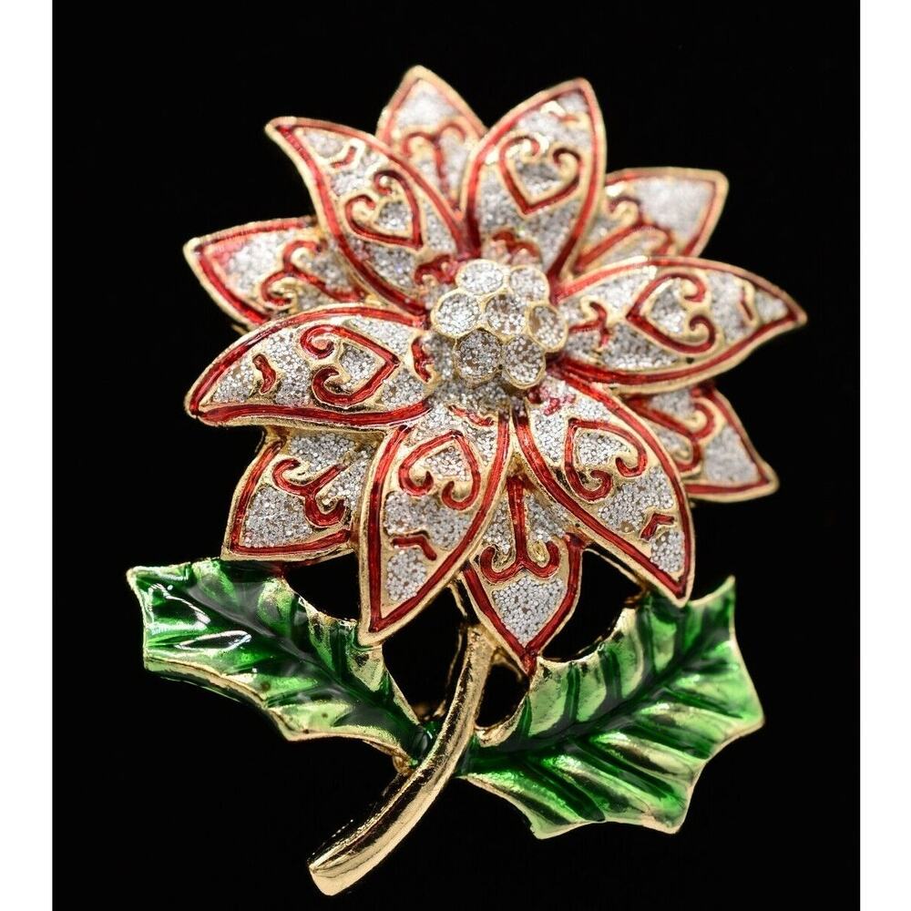 Vintage Christmas Flower Pin Brooch Glitter Enamel Red Green Gold NOS 80s BinA11